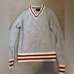 Bluenotes Grey V-Neck Sweater with Red and Cream Stripe Trim